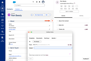 Screenshot showing the HubSpot Sales Chrome extension used in Salesforce to access a contact.