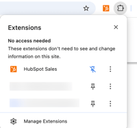 Extensions menu in Chrome, showing the HubSpot Sales extension pinned to the browser.