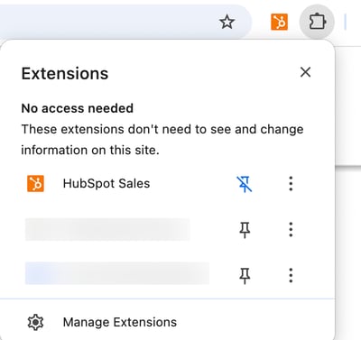 Erweiterungsmenü in Chrome, das die an den Browser angepinnte HubSpot Sales-Erweiterung anzeigt.