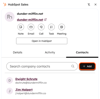 Screenshot showing the HubSpot Sales Chrome extension, showing the option to add a contact.