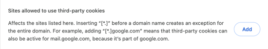 Screenshot der Chrome-Einstellungen "Websites, die Cookies von Drittanbietern verwenden dürfen" mit der Einstellungsbeschreibung und der Schaltfläche "Hinzufügen".