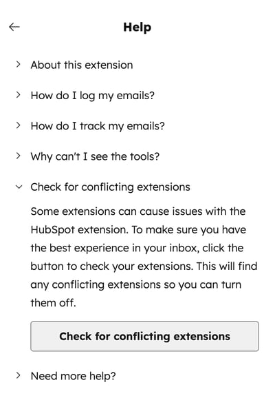 Einstellungen der Chrome-Erweiterung von HubSpot. Der Abschnitt "Auf in Konflikt stehenden Erweiterungen überprüfen" wird erweitert, um die Schaltfläche "Auf in Konflikt stehenden Erweiterungen überprüfen" anzuzeigen.