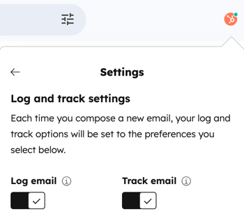 HubSpot Sales Log and track settings with Log email and Track email toggles turned on.