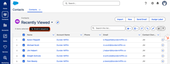 Screenshot of contacts in Salesforce, highlighting the option to bulk enroll contacts into a HubSpot sequence.