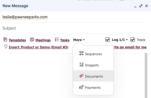 Gmail's email composer, showing the HubSpot Sales Chrome extension option to insert documents.
