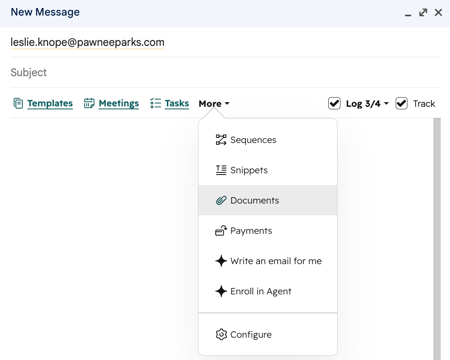 Gmail's email composer, showing the HubSpot Sales Chrome extension option to insert documents.