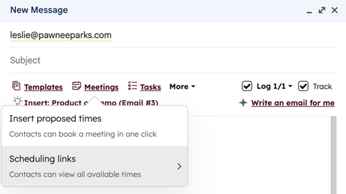 Gmail's email composer, showing the HubSpot Sales Chrome extension option to insert a meeting link.