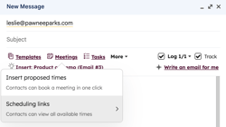 Gmail's email composer, showing the HubSpot Sales Chrome extension option to insert a meeting link.
