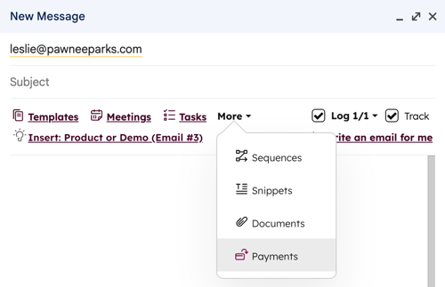 Gmail's email composer, showing the HubSpot Sales Chrome extension option to insert a payment link.