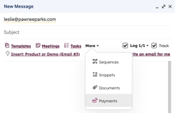Gmail's email composer, showing the HubSpot Sales Chrome extension option to insert a payment link.