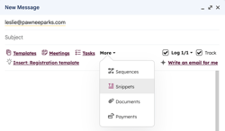 Gmail's email compose window showing the HubSpot Sales Chrome extension options to use Sequences, Snippets, Documents, and Payments.