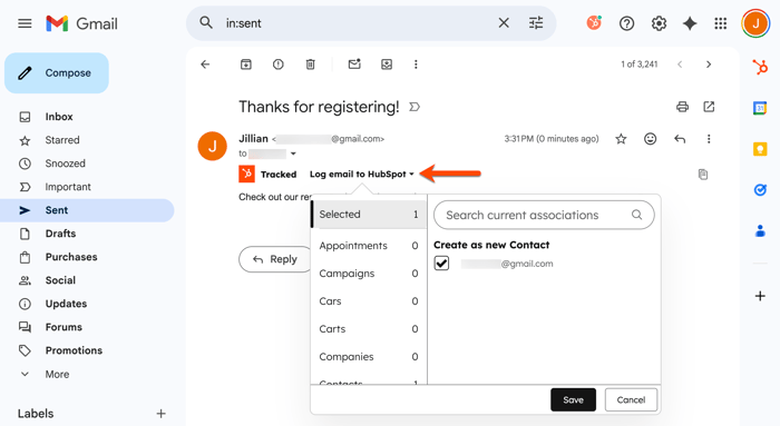 A screenshot of the HubSpot Sales Chrome extension in Gmail, highlighting the "Log email to HubSpot" dropdown menu.