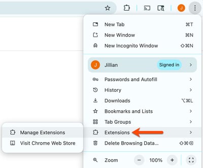 Settings dropdown menu in Chrome, highlighting the path to select Extensions, then Manage Extensions.