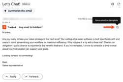A sent email in Gmail showing the HubSpot Sales Chrome extension option to save an email as a template.