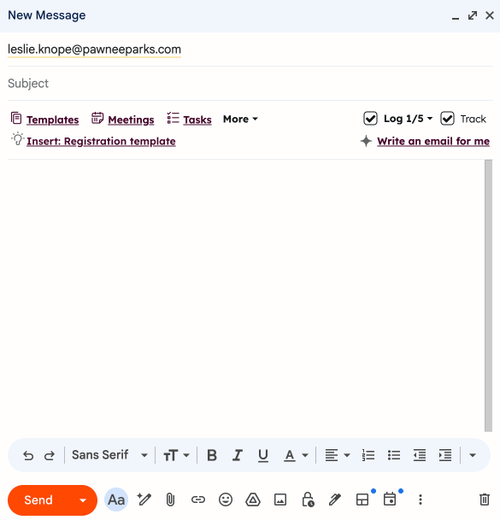 The HubSpot Sales Chrome extension showing a new email compose window and the selection of the Log dropdown menu to select which records to log an email to.