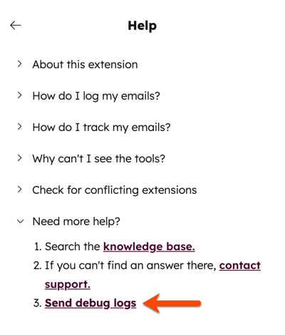 Einstellungen für die Chrome-Erweiterung von HubSpot in Gmail, die den Abschnitt "Benötigen Sie weitere Hilfe?" erweitert sehen und die Option zum Senden von Debug-Protokollen hervorheben.