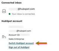 HubSpot Sales settings, highlighting the option to Switch HubSpot account, which allows you to update account the HubSpot Sales extension is linked to