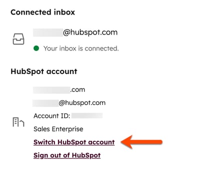 HubSpot Sales settings, highlighting the option to Switch HubSpot account, which allows you to update account the HubSpot Sales extension is linked to