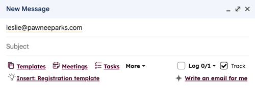 A Gmail email compose window showing a recipient email address and a toolbar with options for Templates, Meetings, Tasks, and More. The 'Track' checkbox is selected.