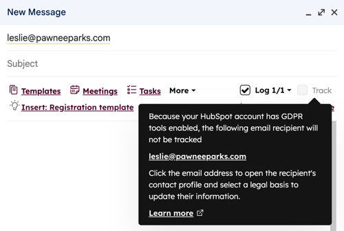 The HubSpot Sales Chrome extension showing tracking turned off and greyed out due to GDRP settings. A tooltip is expanded with a prompt to update the recipient's legal basis to update their information.