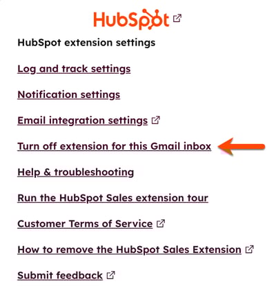 Screenshot of the HubSpot Sales Chrome extension settings, highlighting the option to Turn off extension for this Gmail inbox.