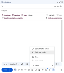 New email composer in Gmail with "Plain text mode" highlighted in the dropdown menu.