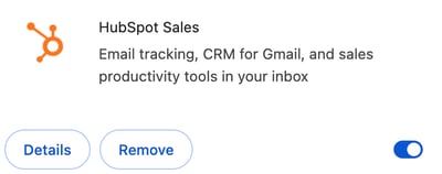 Einstellungen für die Chrome-Erweiterung, in denen die Listing-Beschreibung der HubSpot-Erweiterung angezeigt wird und der Schalter ist aktiviert.