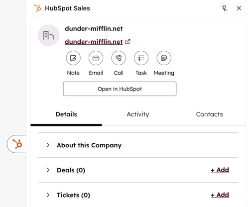 Screenshot of the HubSpot Sales Chrome extension sidebar when used across the web, showing an example company record.