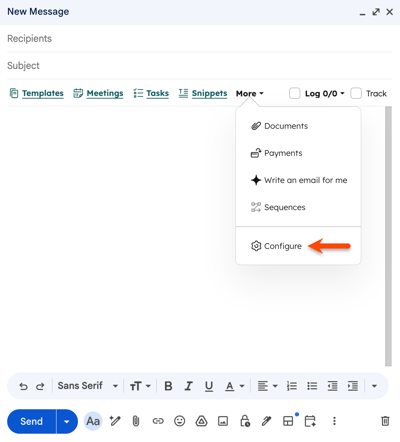 Gmail compose window, displaying the The HubSpot Sales Chrome extension toolbar with the option to configure the toolbar.