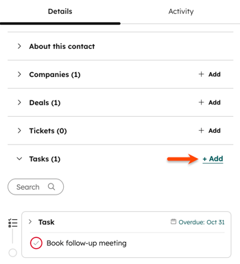The HubSpot Sales Chrome extension contact panel, highlighting the option to add a task.