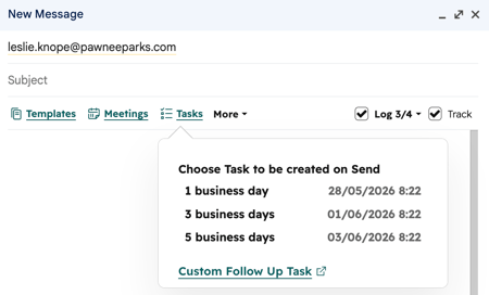 Gmail's email composer, showing the HubSpot Sales Chrome extension option to create a task when sending an email.