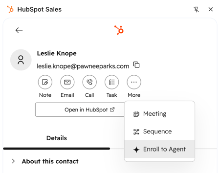 HubSpot Sales Chrome extension, displaying a contact profile and highlighting the option to "Enroll to Agent".