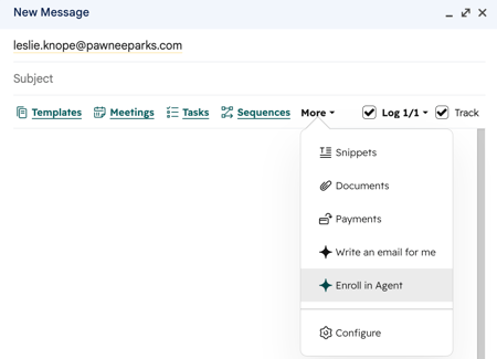 HubSpot Sales Chrome extension, displaying the email composer and highlighting the option to "Enroll in Agent".