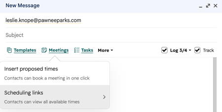 Gmail's email composer, showing the HubSpot Sales Chrome extension option to insert a meeting link.
