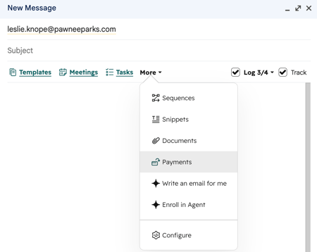 Gmail's email composer, showing the HubSpot Sales Chrome extension option to insert a payment link.