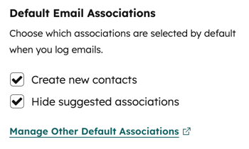 HubSpot Sales Chrome extension settings, displaying default email association options.