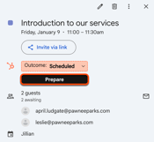A scheduled meeting in Google Calendar, highlighting the option to prepare for meeting in HubSpot using the HubSpot Sales Chrome extension.