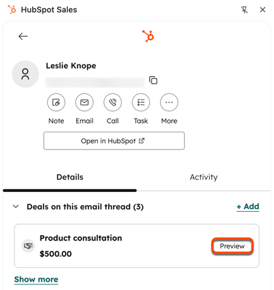 Un profil de contact dans l’extension HubSpot Sales pour Chrome, mettant en évidence la possibilité de prévisualiser une transaction dans le fil d’e-mails.