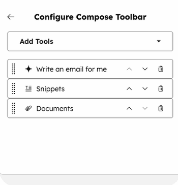The HubSpot Sales Chrome extension toolbar settings, displaying how to reorder tools for the sales toolbar.