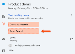 Um agendador de reuniões concluído no Google Agenda, destacando a opção de definir o resultado da agendador de reuniões no HubSpot usando a extensão do HubSpot Sales para Chrome.