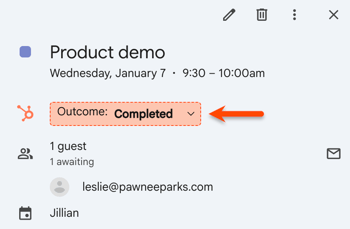 ミーティングの成果をHubSpotで設定するオプションの強調表示されたGoogleカレンダーでのミーティング。HubSpot Sales Chrome拡張機能の使用。