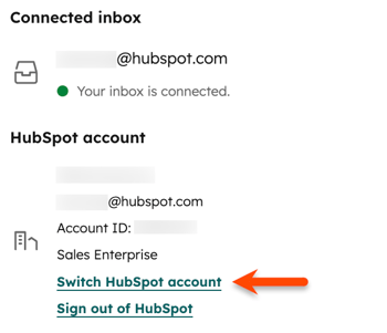 HubSpot Sales settings, highlighting the option to Switch HubSpot account, which allows you to update account the HubSpot Sales extension is linked to