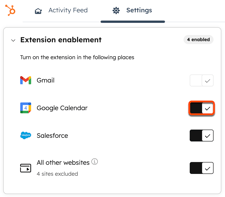 HubSpot Sales Chrome extension settings, highlighting the option to turn on the extension for Google Calendar.