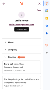 The HubSpot Chrome extension contact profile, displaying the contact's timeline expanded and displaying recent sales activities.