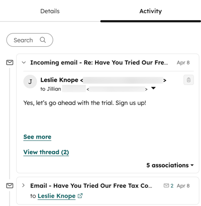 L’activité de la transaction est affichée à partir de l’extension HubSpot Sales pour Chrome.