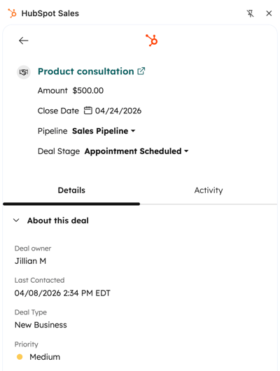 Une fiche d’informations de transaction affichée à partir de l’extension HubSpot Sales pour Chrome.