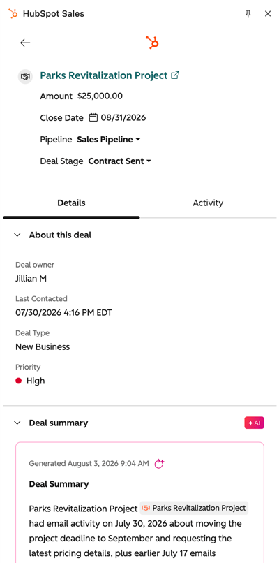 A deal record displayed from the HubSpot Sales Chrome extension.