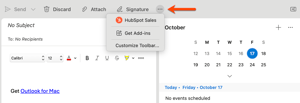 Outlook for Mac, highlighting how to access the HubSpot Sales Office 365 add-in from Outlook.