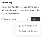 Never log settings, showing a dropdown menu with options to Block for all users or Block only for me.