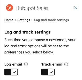 HubSpot Sales Log and track settings with Log email and Track email toggles turned on.